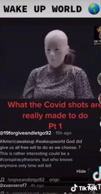 A screenshot of a TikTok spreading a COVID-19 vaccine conspiracy theory.