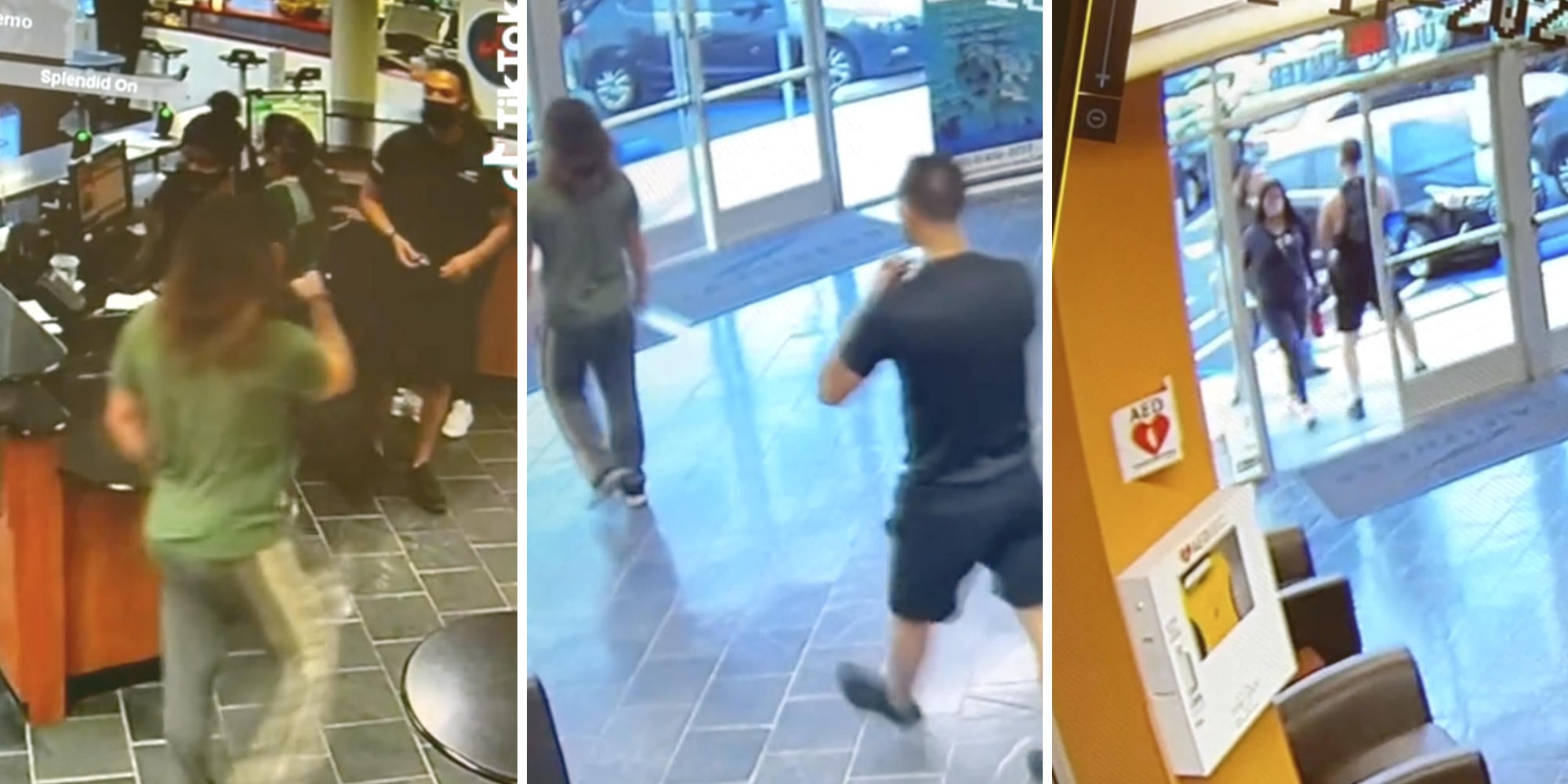 customer confronting emlpoyee (l) customer and employee walking out of the building (m) employee about to punch customer (r)