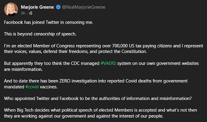 A post by Marjorie Taylor Greene on Gab says that Facebook has suspended her account.