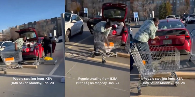 People placing items from cart into car with caption 'People stealing from IKEA (16th St.) on Monday, Jan. 24'