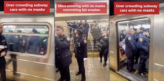 大型纽约市警察骑着地铁无面具。