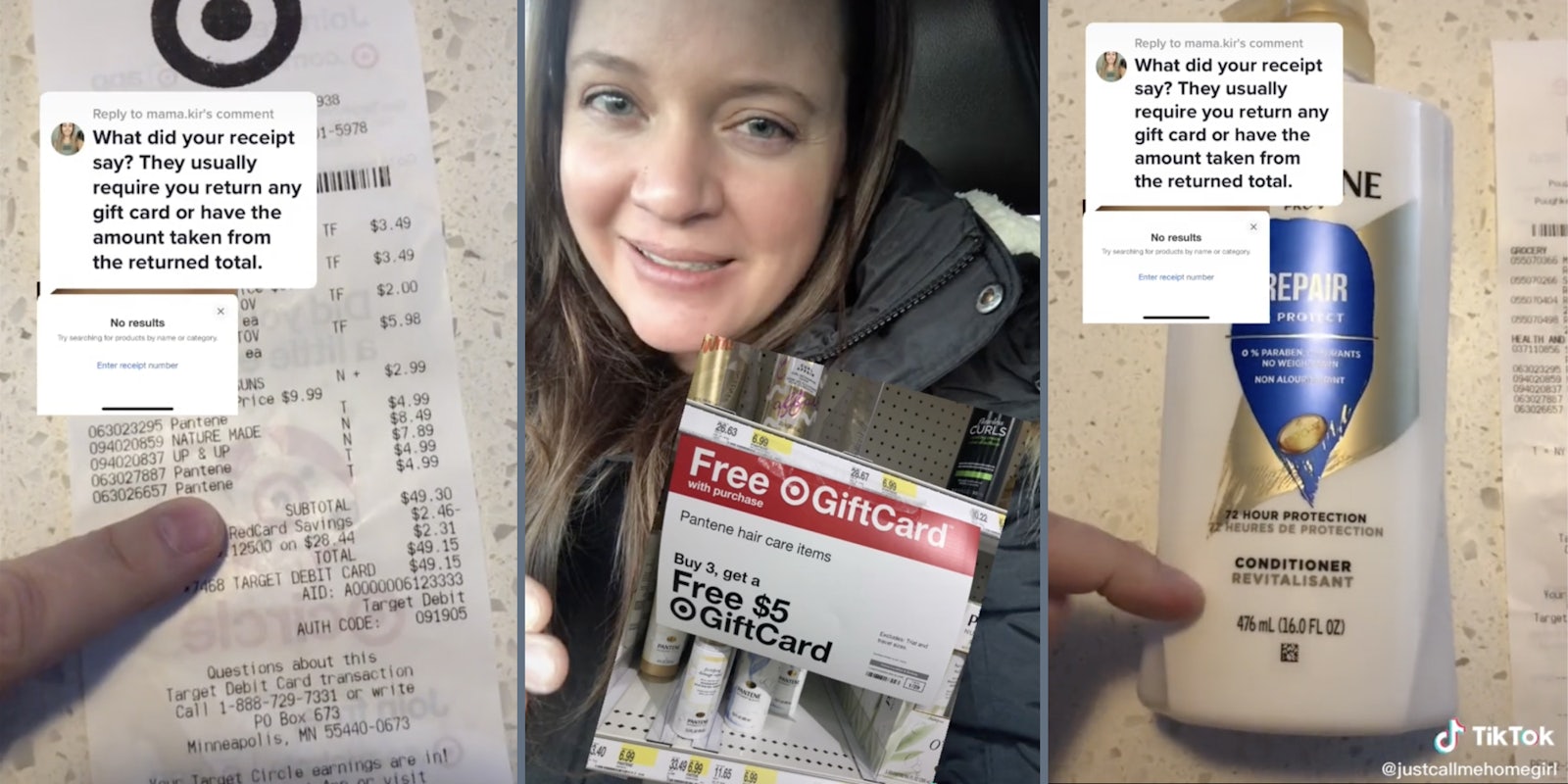 Target receipt (L), Woman showing a sale promotion at Target (M), Pantene bottle (R)