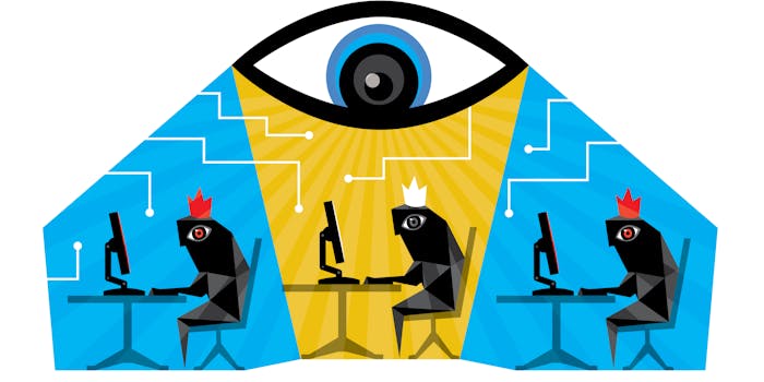 An eye conducting surveillance on figures working on their computers.
