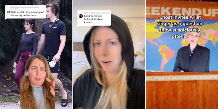 Three TikTok panels showing users answering questions about celebrity gossip