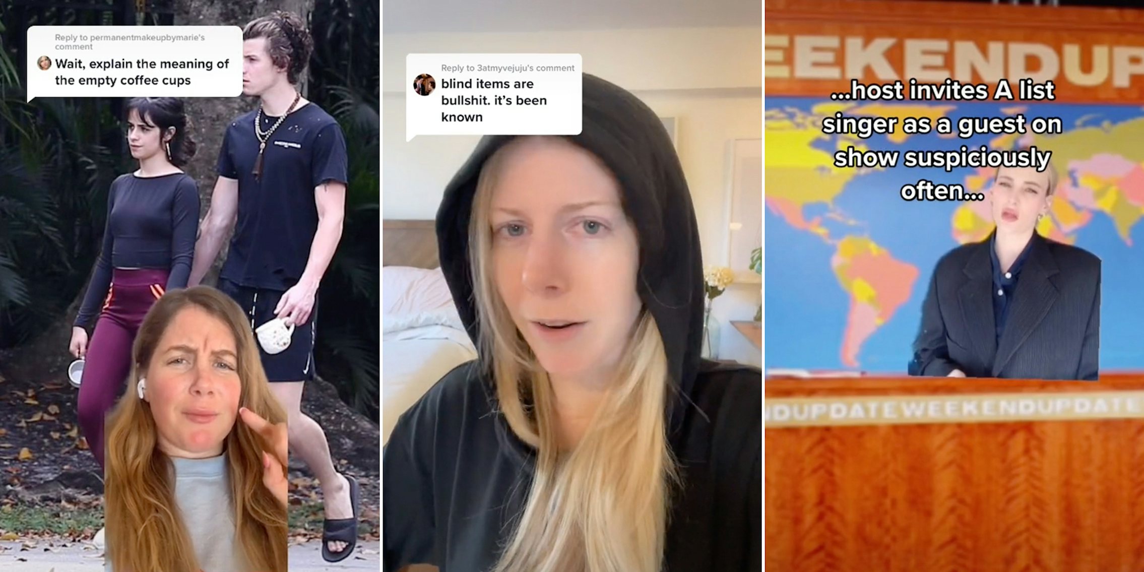 Three TikTok panels showing users answering questions about celebrity gossip