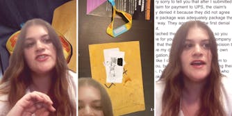 three photos of a woman explaining to the camera and showing a damaged mail package of hers