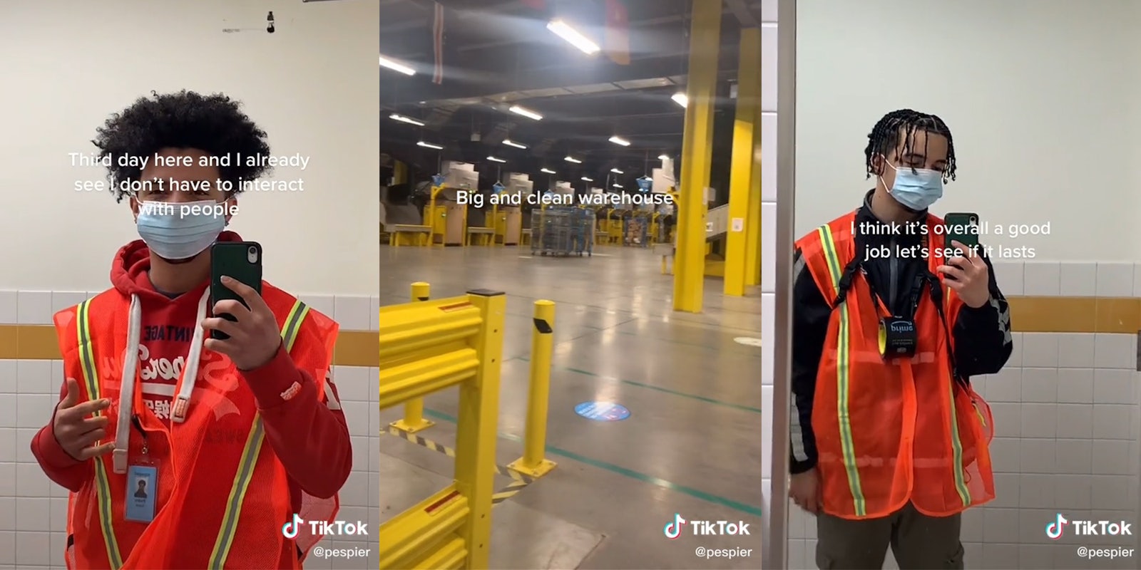 young man in orange work vest holding up phone with caption 'third day here and I already see I don't have to interact with people' (l) warehouse with caption 'big and clean warehouse' (c) same young man with caption 'I think it's overall a good job let's see if it lasts' (r)