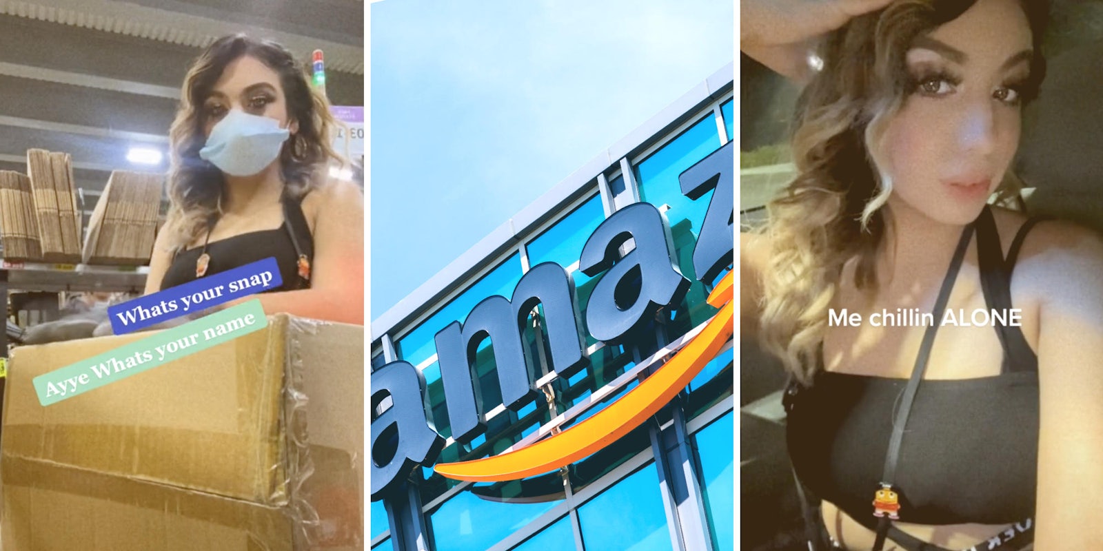 woman working at amazon and getting catcalled (l) amazon building (m) woman spending time alone in her car (r)