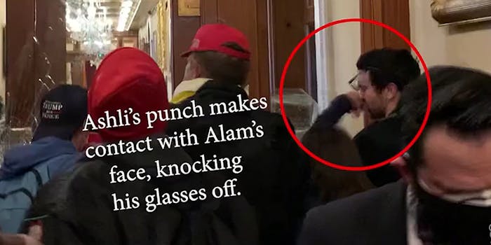 woman punching glasses off of man with caption "Ashli's punch makes contact with Alam's face, knocking his glasses off."