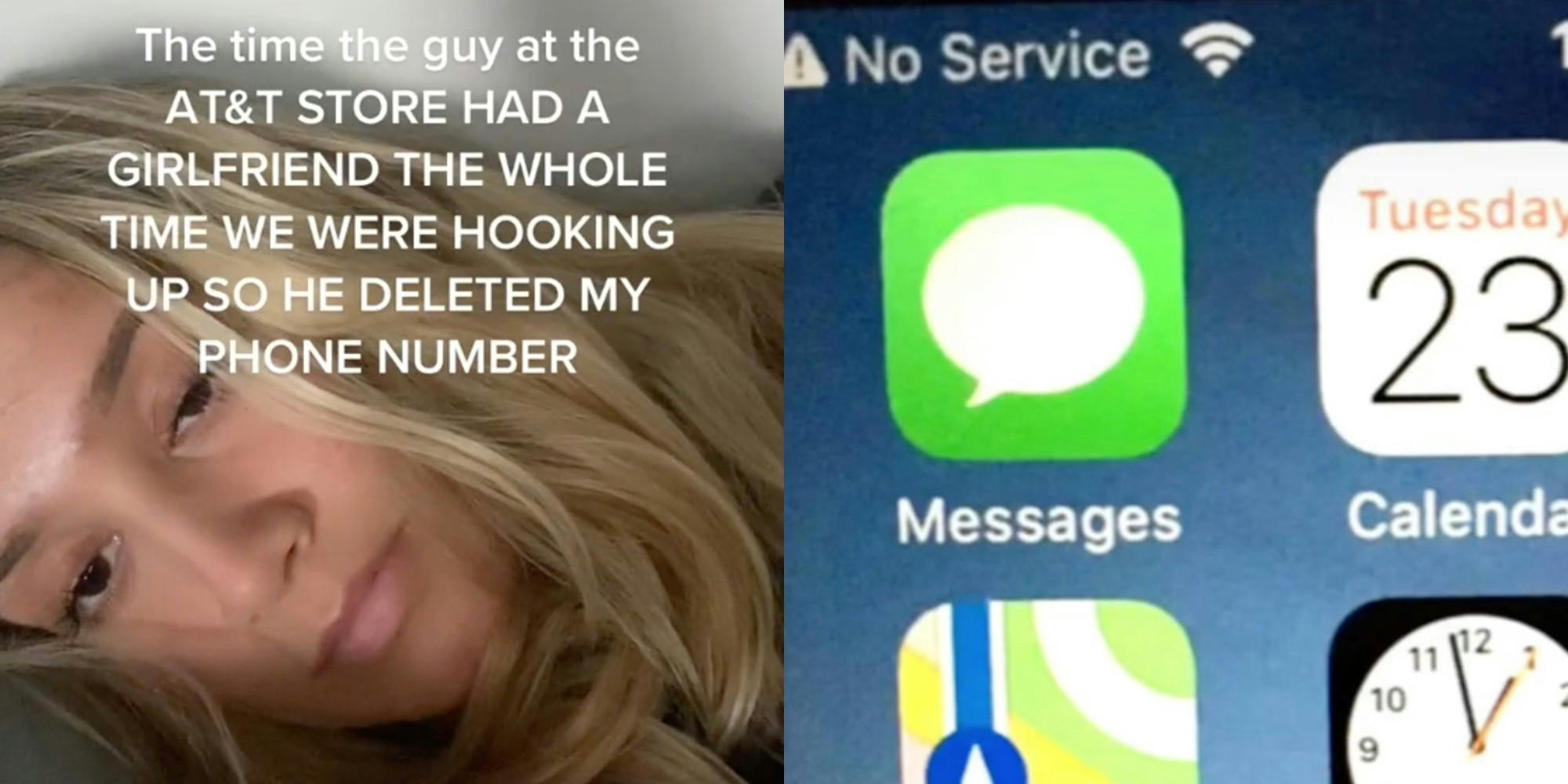 Blonde woman. iPhone home screen with no service.