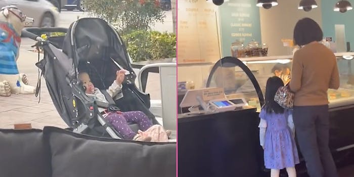 A baby in a stroller (L) and a parent with child (R).
