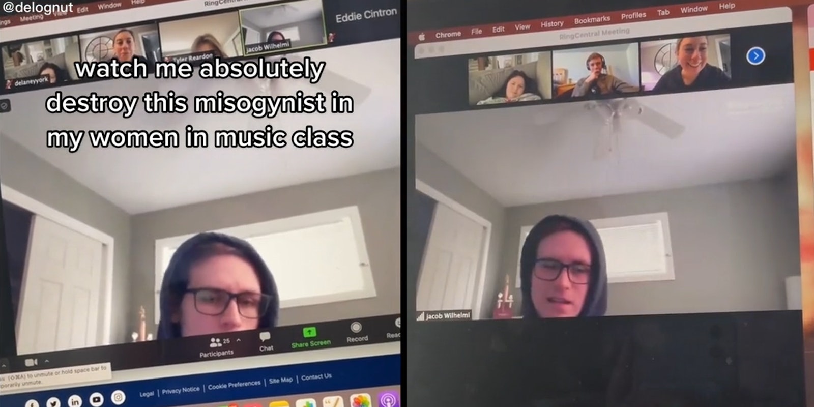young man in room on teleconference software with caption 'watch me absolutely destroy this misogynist in my women in music class'