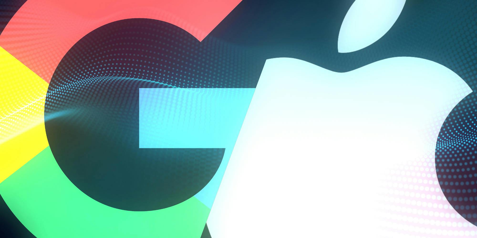 image of the google and apple logo in front of a technology background