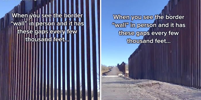 two views of the border wall with a large gap