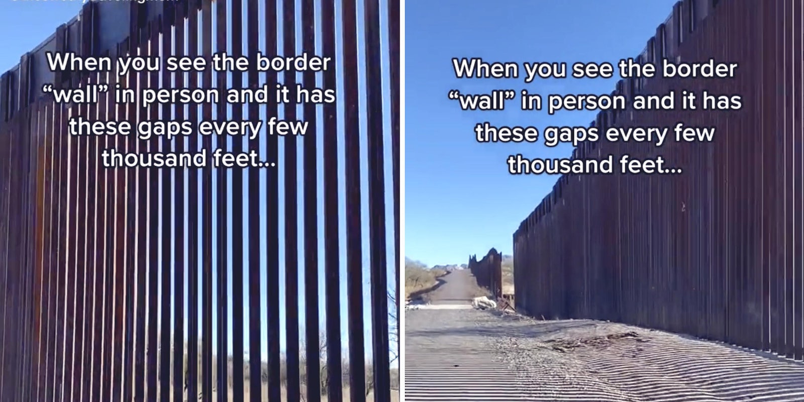 two views of the border wall with a large gap