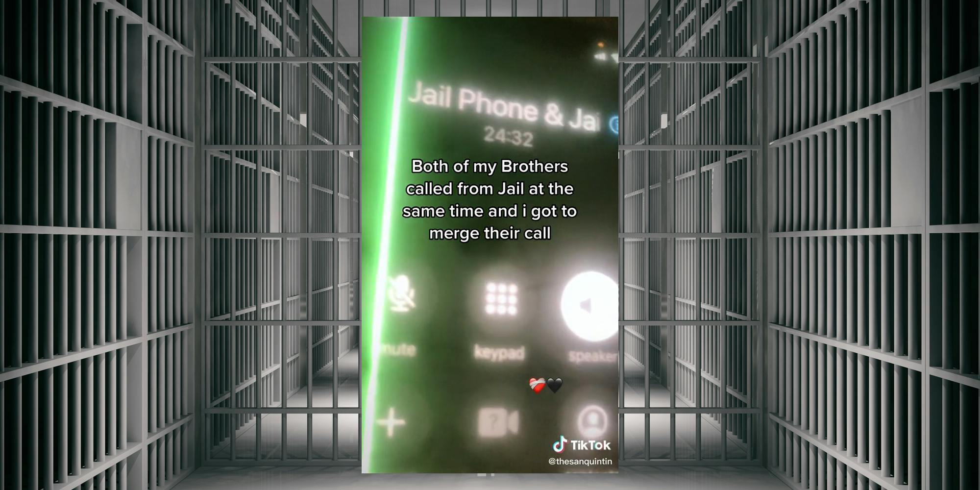 prison with inset of Jail Phone & Jail Phone on phone call, caption "Both of my brothers called from jail at the same time and i got to merge their call"