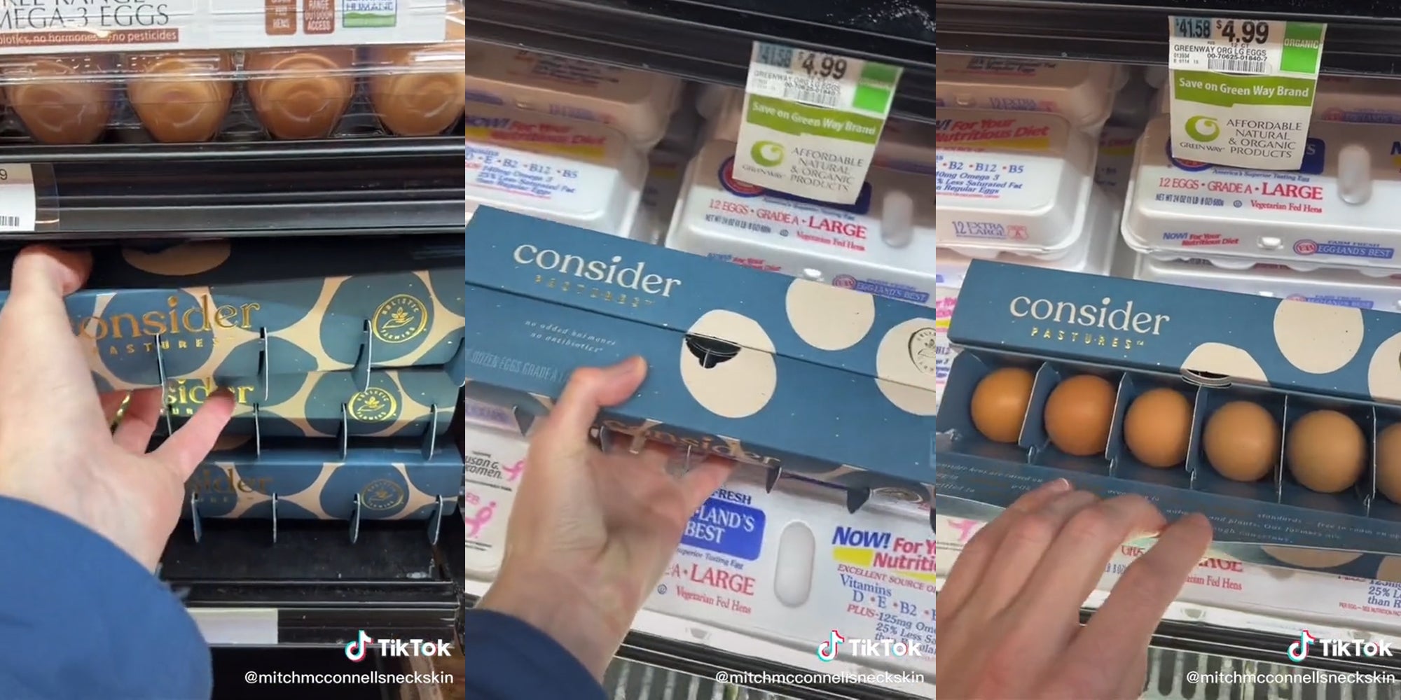 hand grabbing and opening a 'consider pastures' egg carton