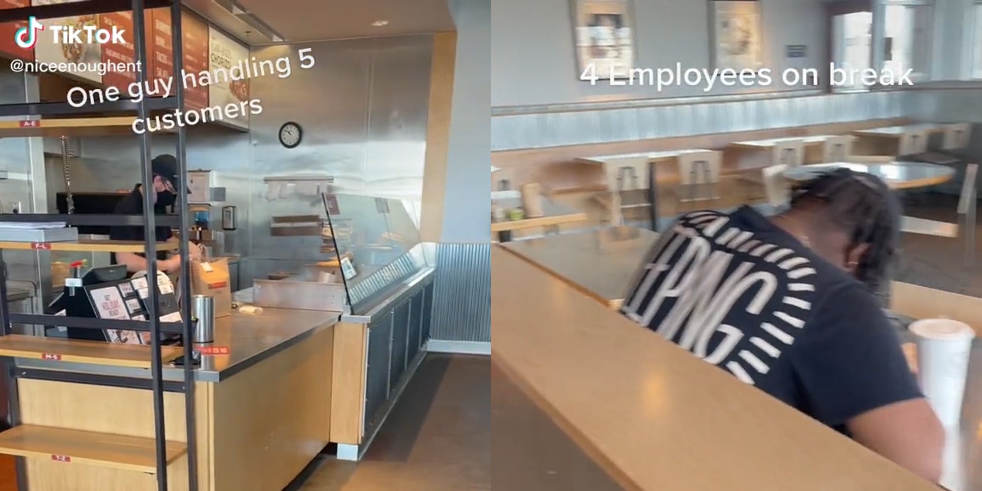 chipotle employee with caption 'one guy handling 5 customers' (l) chipotle employee on break with caption '4 employees on break' (r)