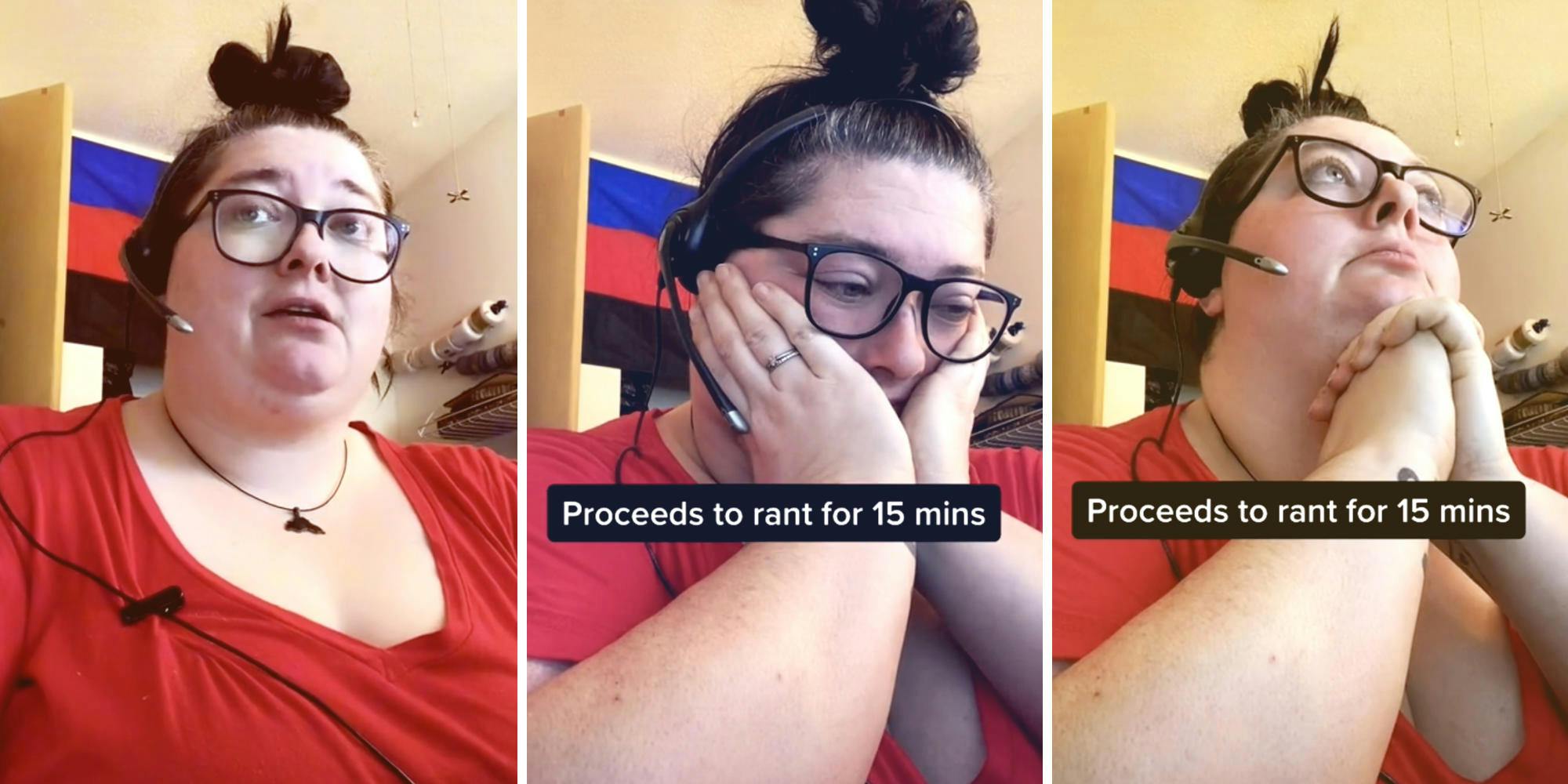three photos of a woman taking a call at a call center and just barely tolerating the call