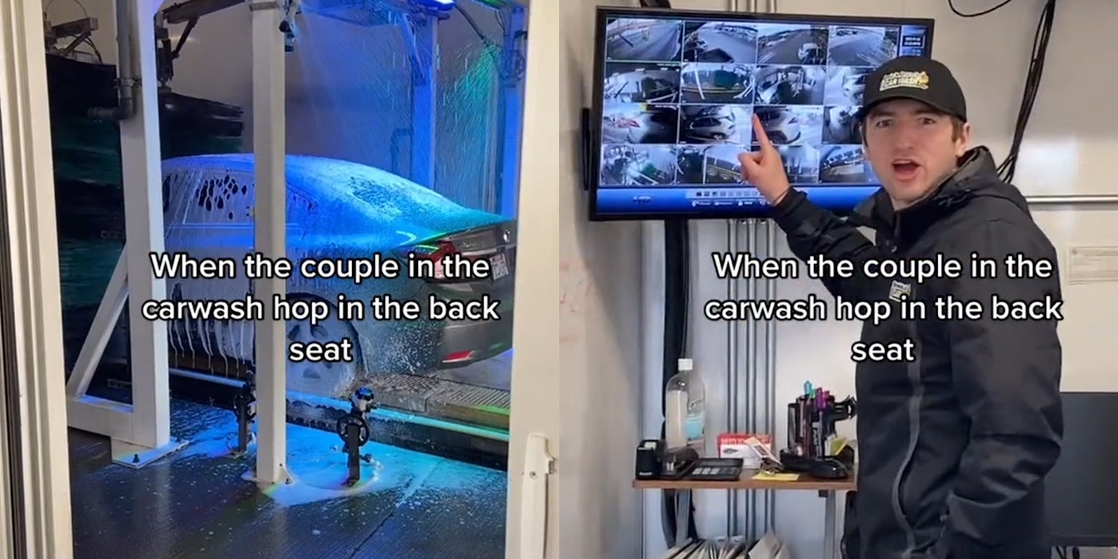 car entering car wash (l) employee pointing at screen (r) both with caption 'when the couple in the carwash hop in the back seat'