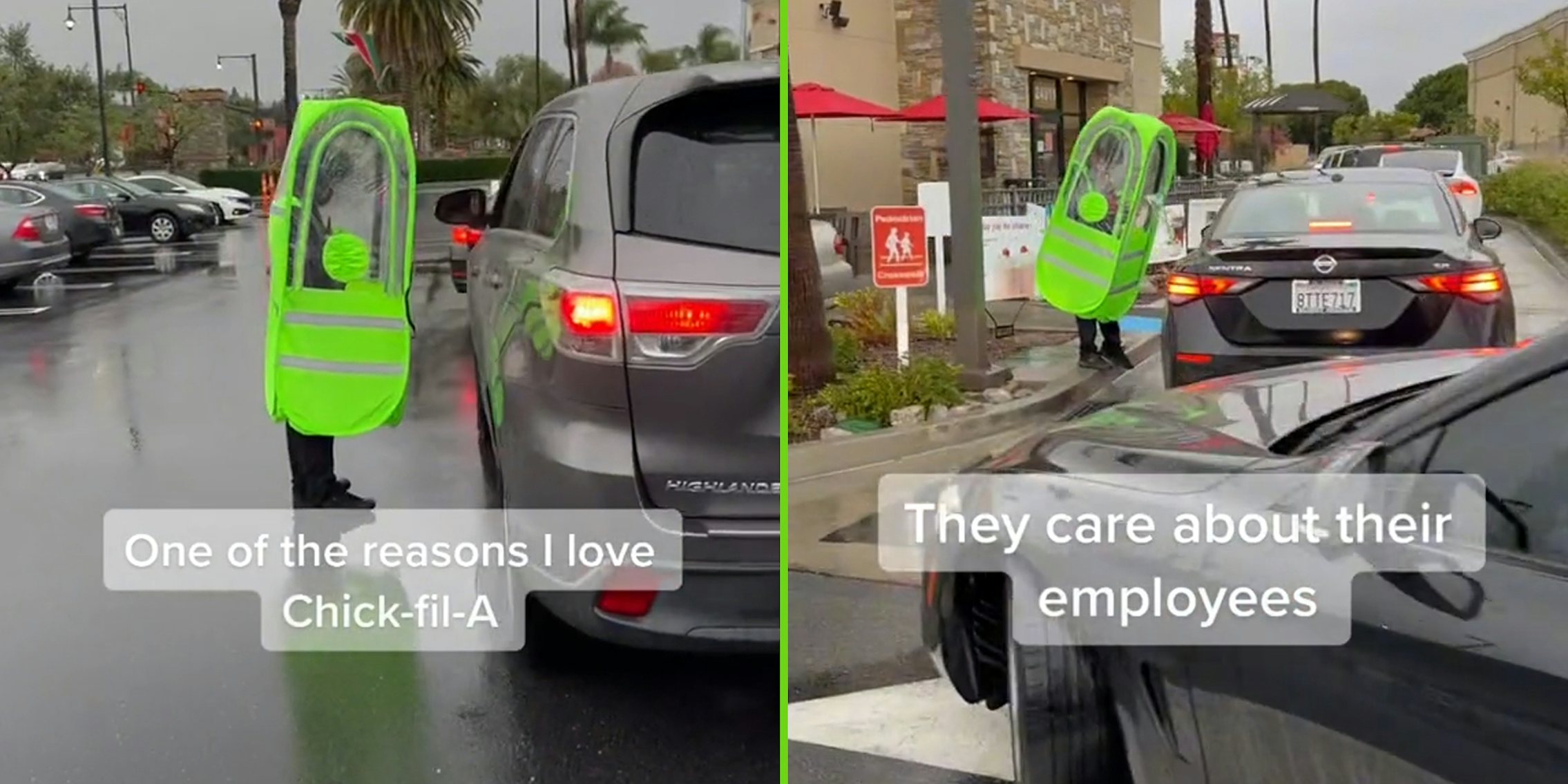 Chick-fil-A employees wearing portable rainproof units in drive-thru