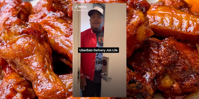man answering door with caption "ubereats delivery job life"