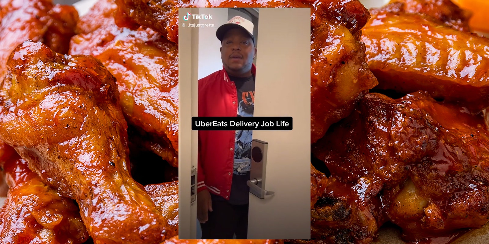 man answering door with caption 'ubereats delivery job life'
