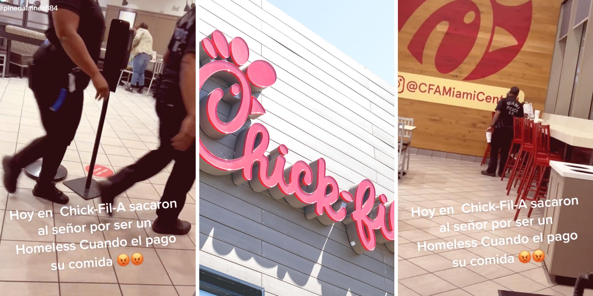 security guards walking (l) chick-fil-a logo (m) security guard confronting a homeless man (r)