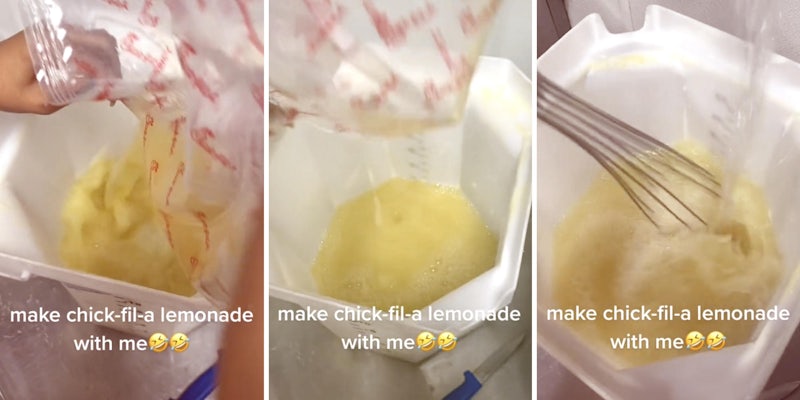 Three photos of a woman pouring lemonade mix into a vat and stirring it