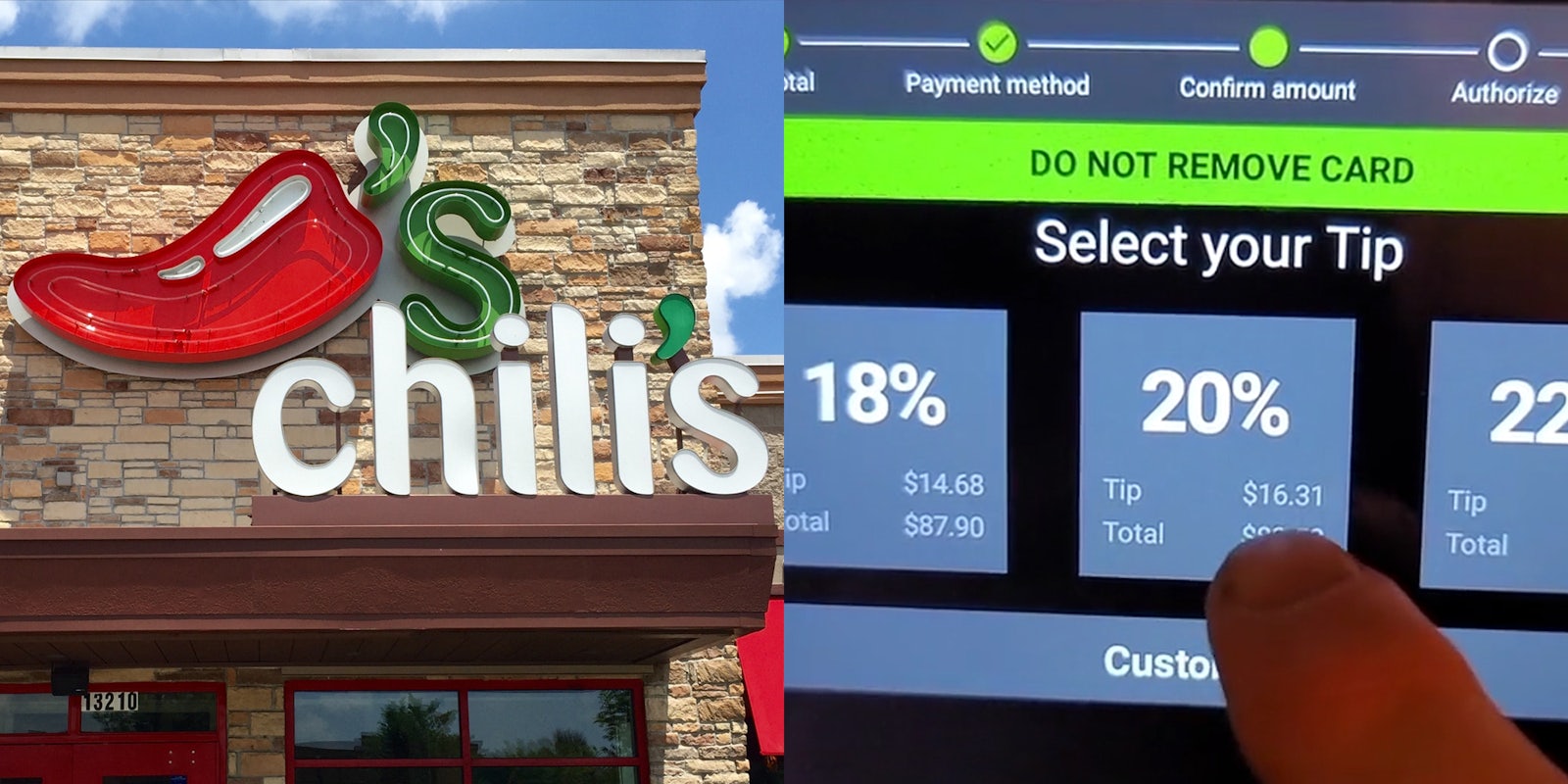 Chili's restaurant (l) finger selecting 20% tip (r)