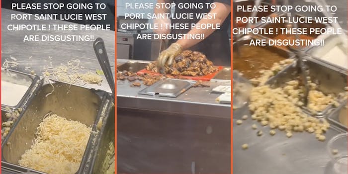 Man criticizes cleanliness of Chipotle in viral TikTok, shows spilled ingredients and employee cutting a large amount of meat.