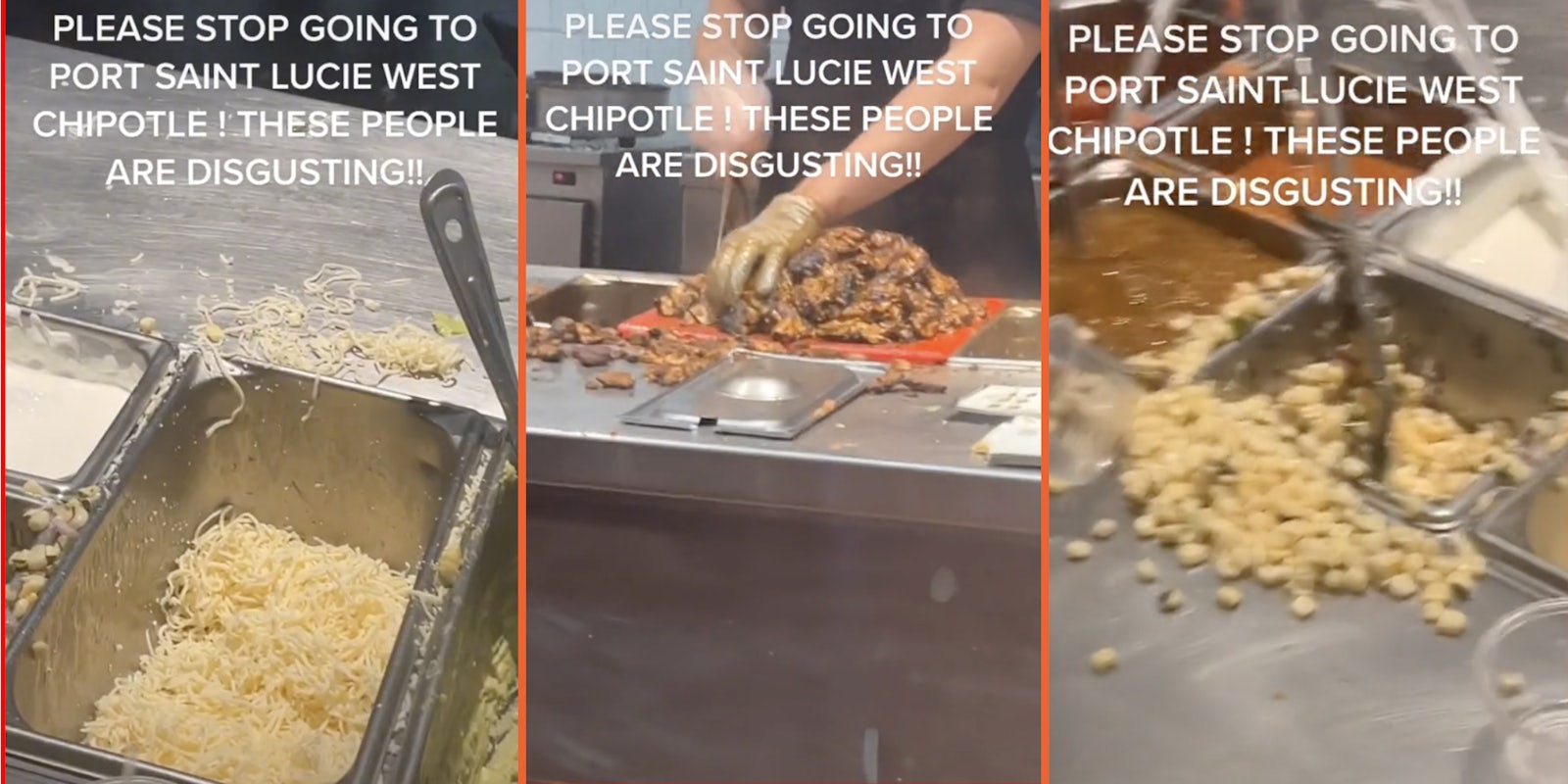 Man criticizes cleanliness of Chipotle in viral TikTok, shows spilled ingredients and employee cutting a large amount of meat.