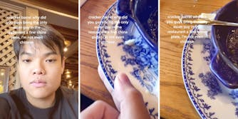selfie of an Asian man (l) his hand moving a fancy ornate china plate (m) closeup of the plate (r)