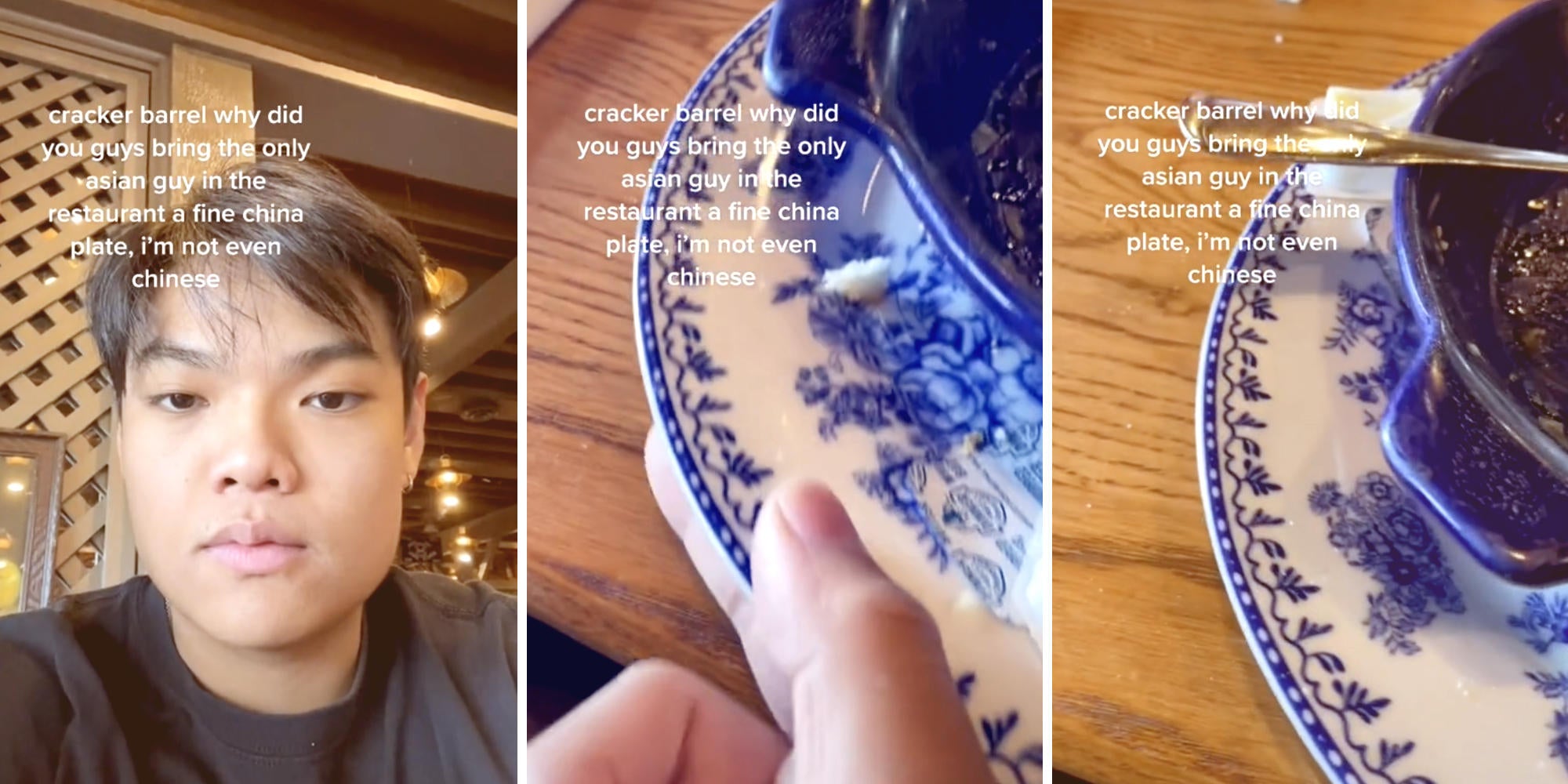 selfie of an Asian man (l) his hand moving a fancy ornate china plate (m) closeup of the plate (r)