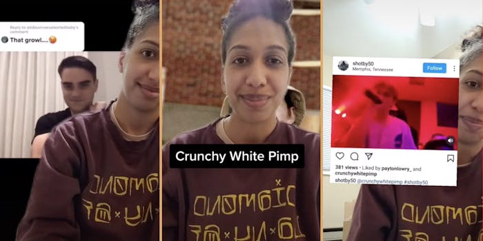 Woman in front of a video of Ben Shapiro. "Crunchy White Pimp." Instagram screenshot in front of woman.