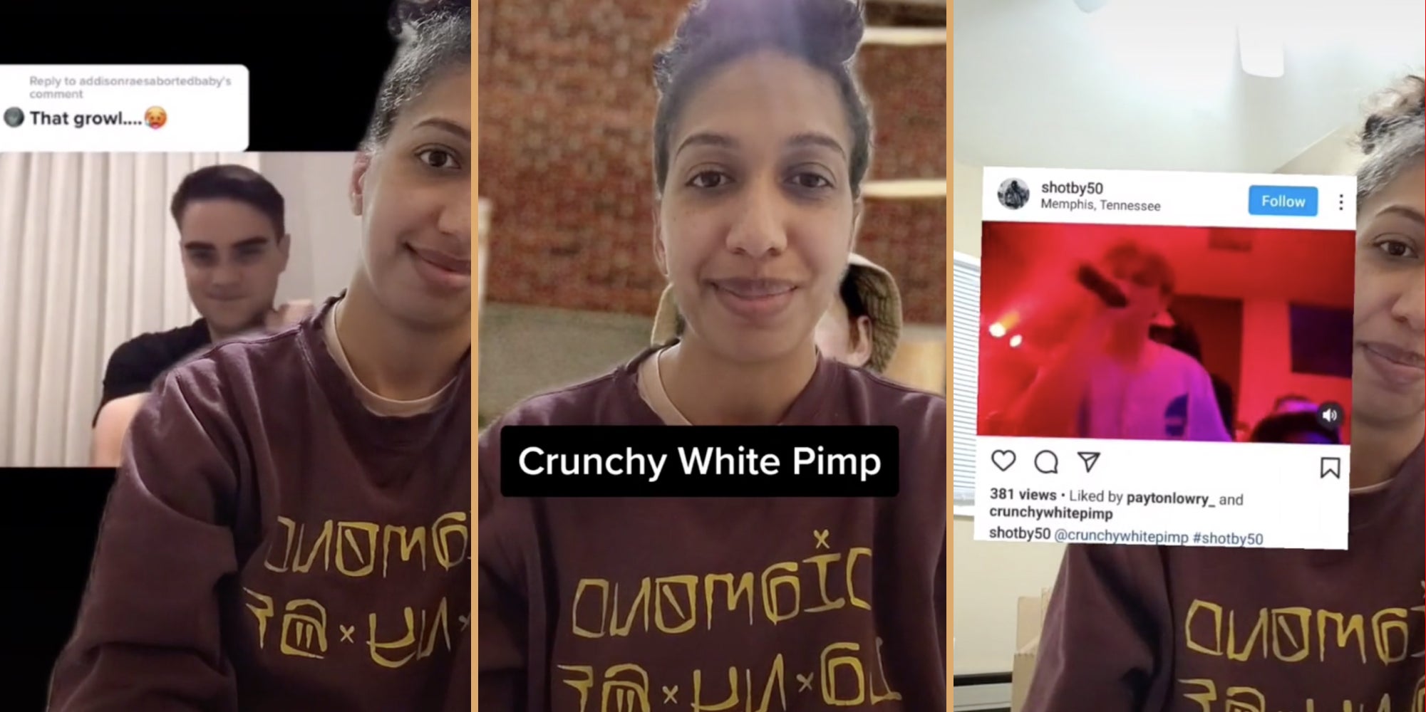 Woman in front of a video of Ben Shapiro. "Crunchy White Pimp." Instagram screenshot in front of woman.