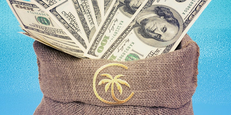 A bag of money with the Crypto Island logo on it