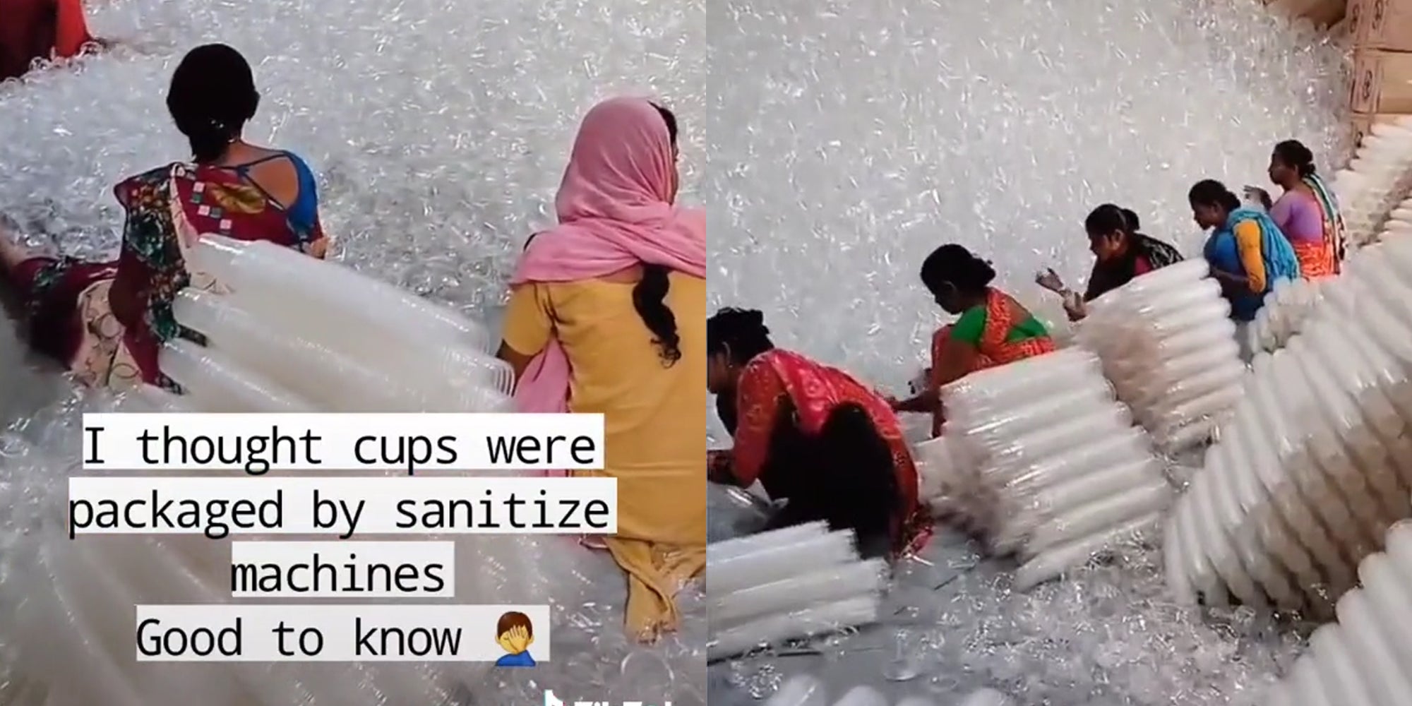 women kneeling and packing plastic cups into sleeves by hand with caption 'i thought cups were packaged by sanitize machines good to know'