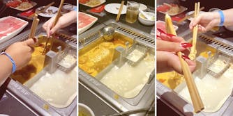 three photos of a customer dipping ramen noodles into a restaurant hot pot
