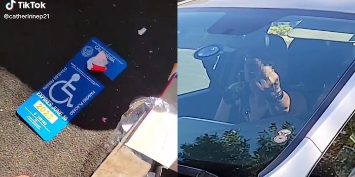 disabled parking permit in trunk (l) woman in car giving the middle finger to camera (r)