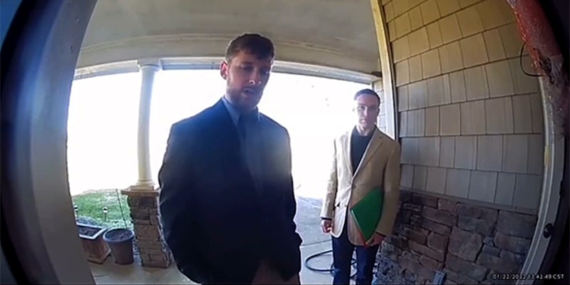 two men approach ring doorbell