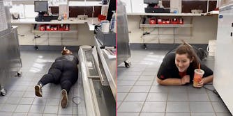 A woman crawling on the floor of a fast food restaurant.