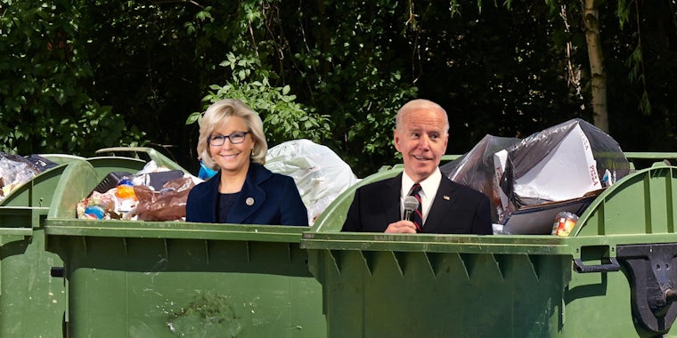 Photo of Joe Biden and Liz Cheney sitting in a garbage dump