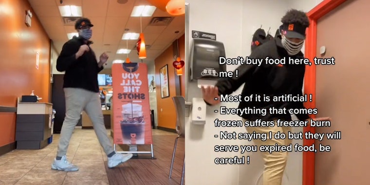 Dunkin Donuts employee dancing (l) same employee in bathroom dancing with caption 'Don't buy food here, trust me! Most of it is artificial! Everything that comes frozen suffers freezer burn - Not saying I do but they will serve you expired food, be careful! (r)