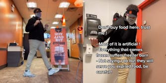 Dunkin Donuts employee dancing (l) same employee in bathroom dancing with caption "Don't buy food here, trust me! Most of it is artificial! Everything that comes frozen suffers freezer burn - Not saying I do but they will serve you expired food, be careful! (r)