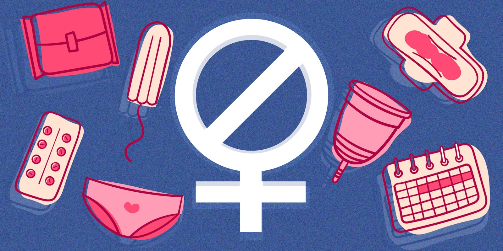women symbol with 'no' crossbar in facebook blues, surrounded by women's health products
