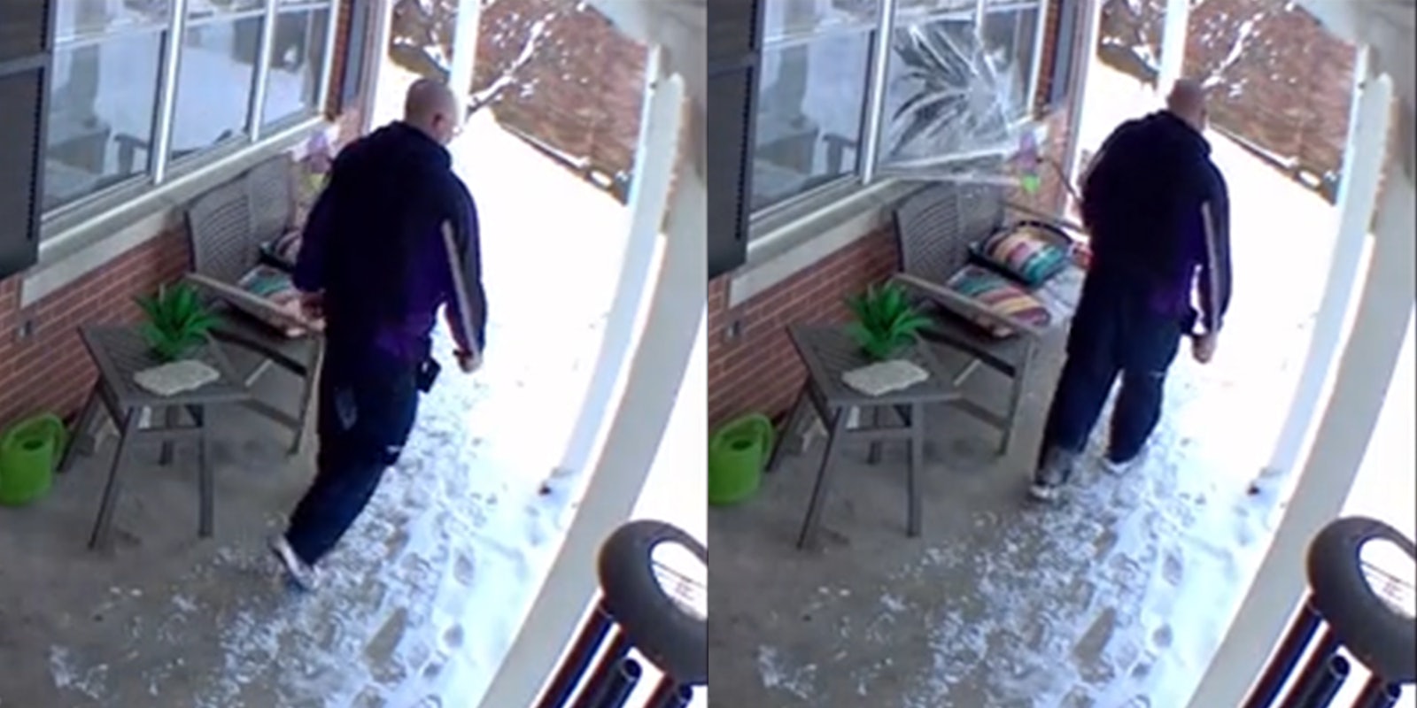 FedEx delivery driver walking past window (l) dog smashing through window (r)