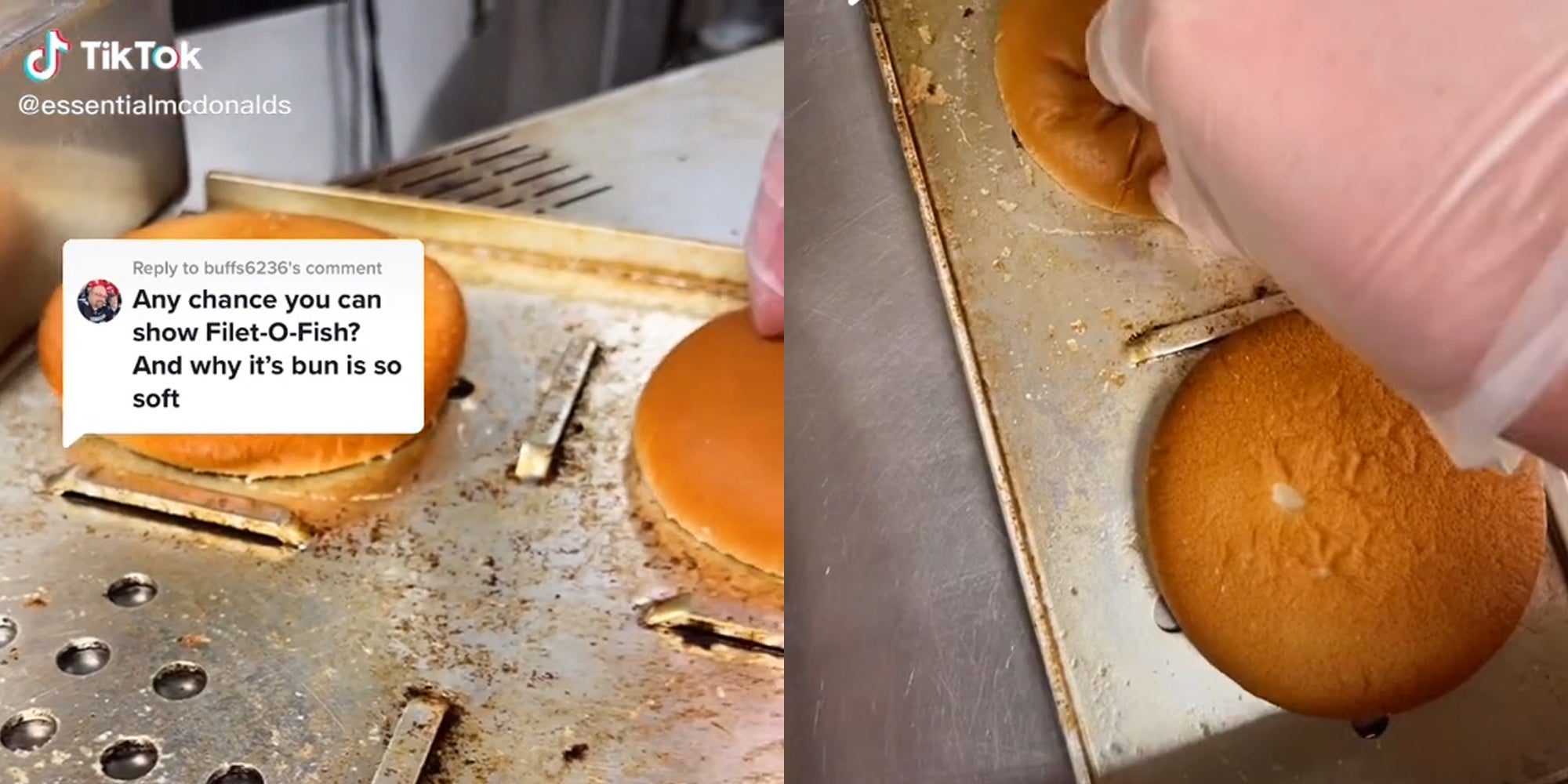 bun on steamer with caption 'any chance you can show Filet-O-Fish? And why its bun is so soft' (l) hand picking up bun (r)