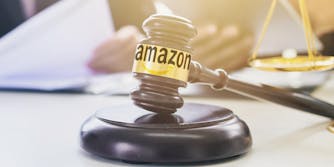 photo of a judge gavel with the amazon logo on it