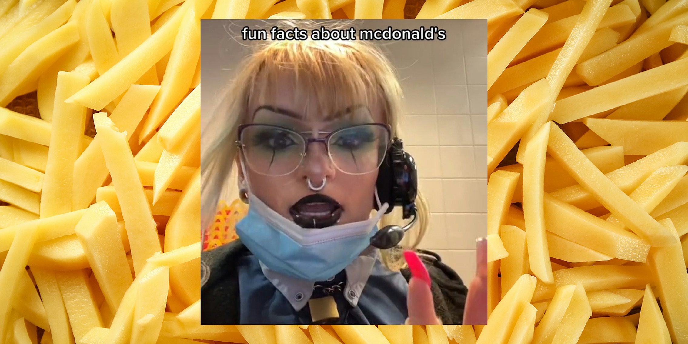 young woman with 'fun facts about mcdonald's' caption over french fry background